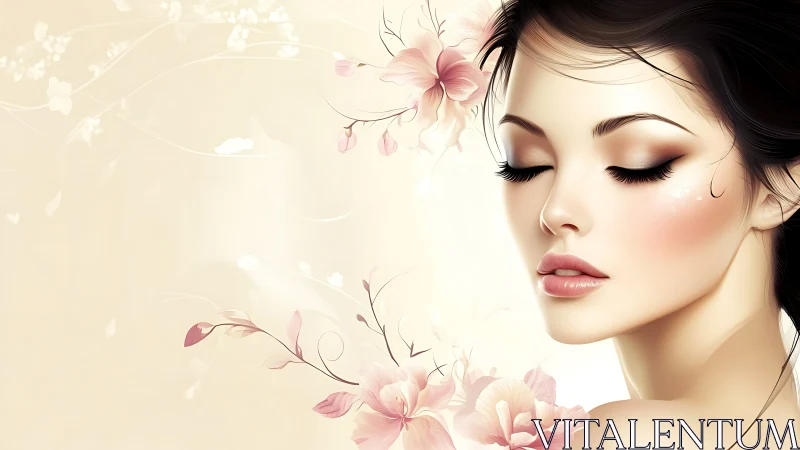 Female portrait with stylized floral elements on beige field.