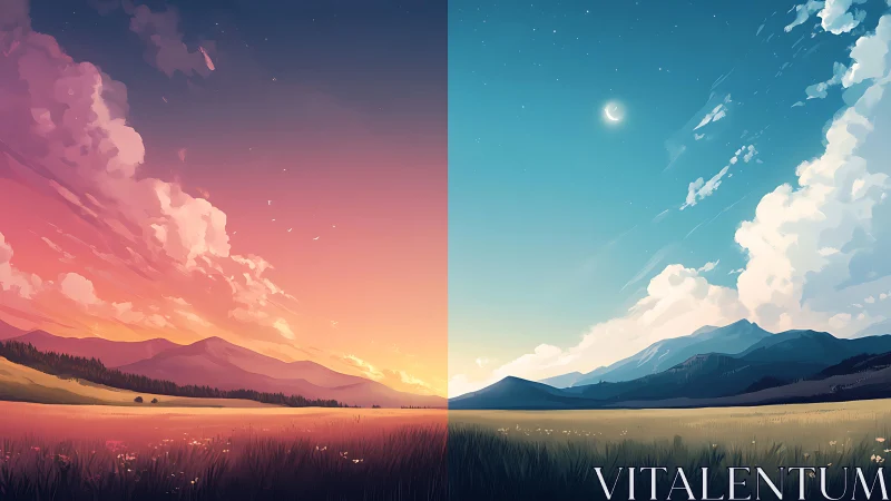 Twilight meadow split between rosy dusk and moonlit dawn.