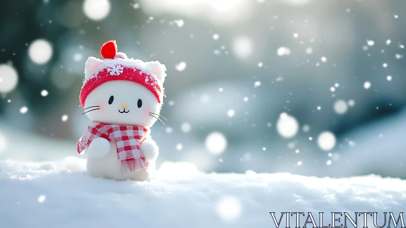 Cartoon cat figurine stands in fresh snow during snowfall