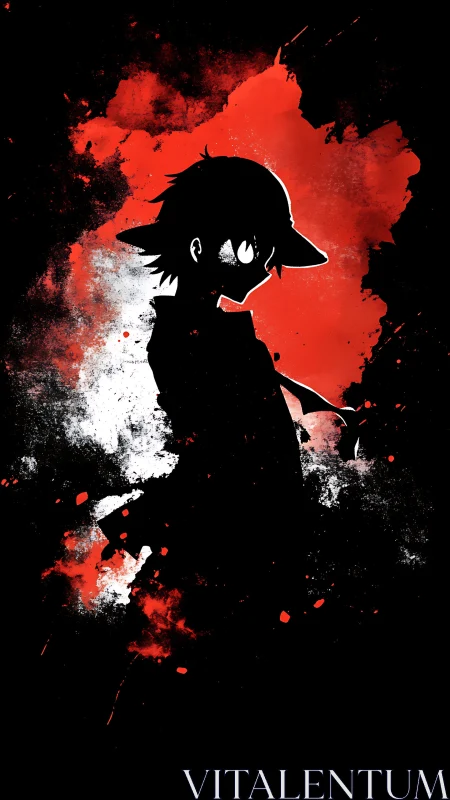High-contrast anime silhouette isolated by splattered red field