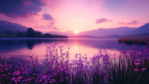 Soft sunrise glows over a tranquil lake and gentle wildflowers