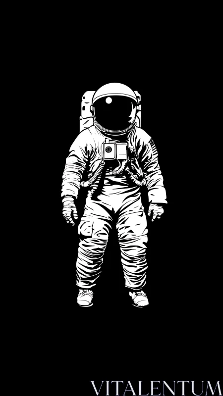 Monochrome astronaut illustration on stark black void.
