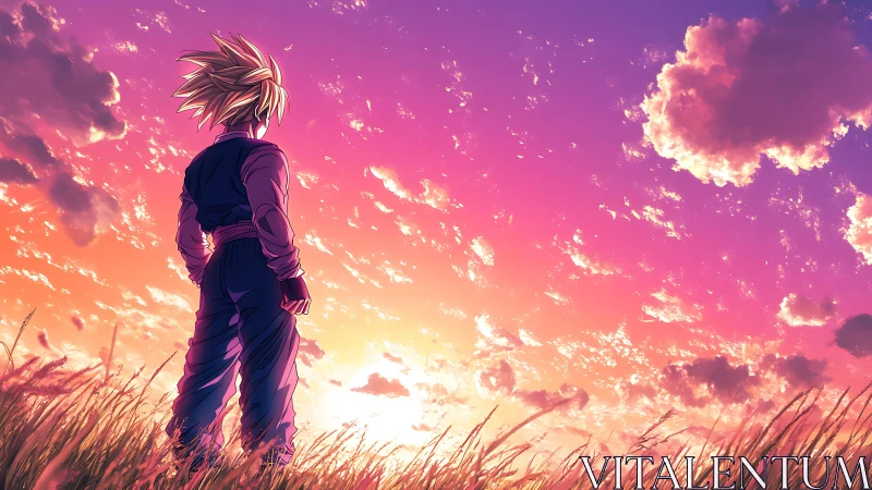 Anime warrior gazes into a blazing neon sunset sky