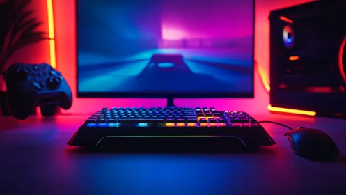 RGB gaming keyboard glows in a neon-lit desktop battlestation