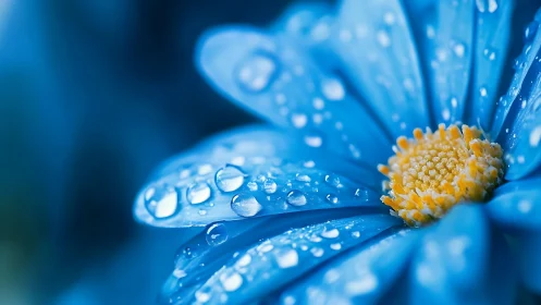 Blue flower petals covered with water droplets and yellow center.