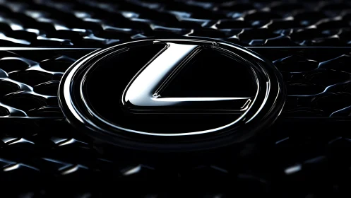 Close-up of Lexus Logo on Glossy Black Grille in Dramatic Lighting.