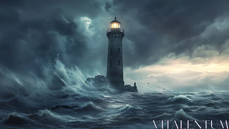 Storm-tossed lighthouse stands amid towering ocean waves.