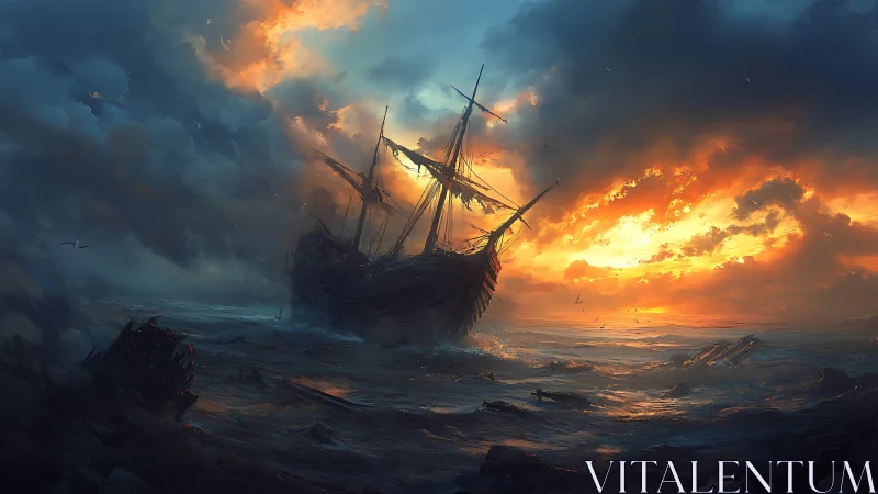 Weathered sailing ship on rough sea under vivid sunset sky.