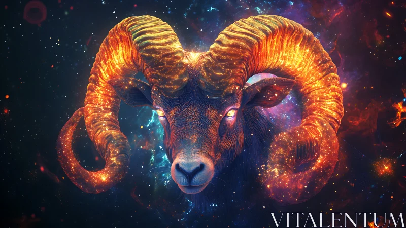 Celestial ram portrait in luminous cosmic digital painting.