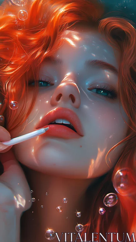 Close underwater portrait shows red-haired subject with bubbles