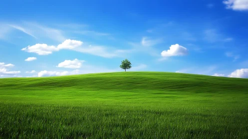 Solitary tree crowns vibrant green hill beneath clear sky.