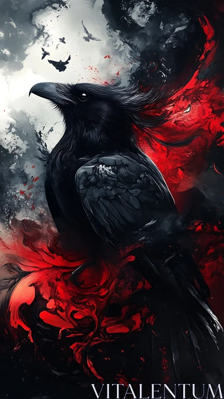 Dark corvid profile set against abstract red and gray forms
