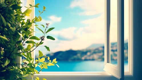 Sunlit window vines framing a dreamy coastal horizon view.