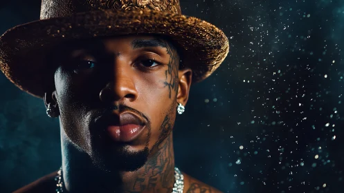 Portrait shows tattooed man in hat under dramatic lighting