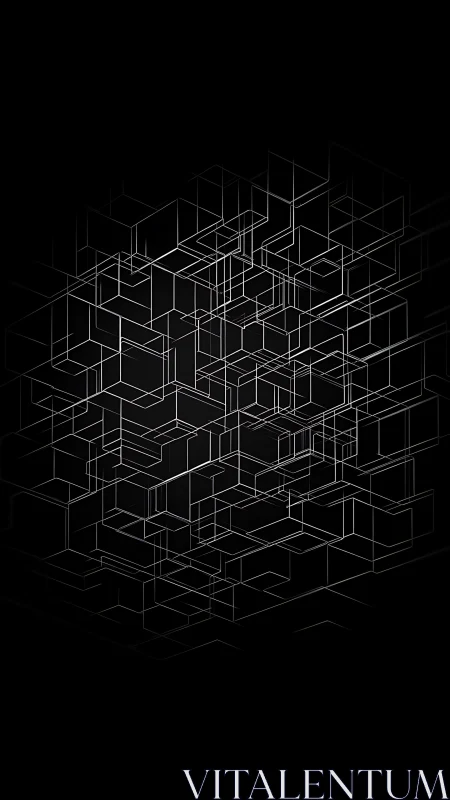 Geometric wireframe cubes float in layered abstract space.