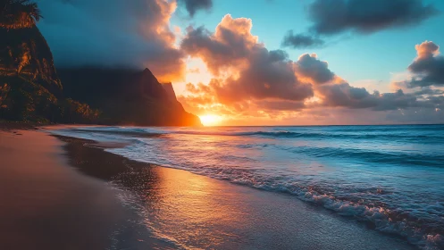Golden sunset illuminates tranquil tropical shoreline waves
