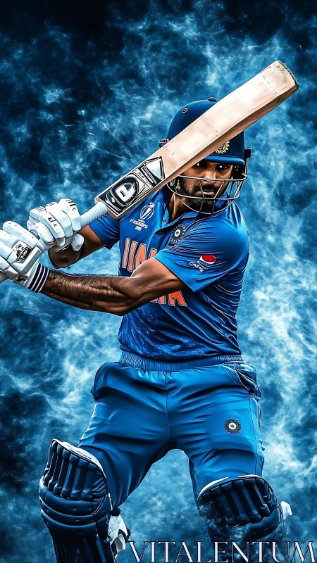 Cricket batter in blue kit swings bat against stormy backdrop