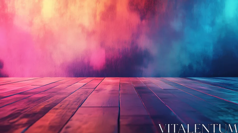 Color-gradient backdrop with reflective plank flooring surface.
