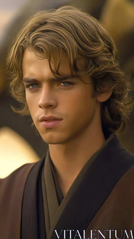 Young robed man in soft golden cinematic portrait lighting.