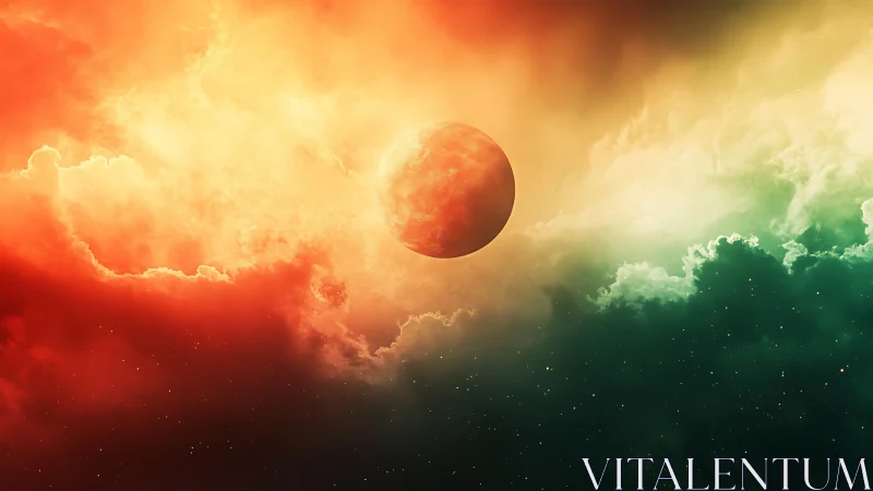 Red planetary body centered in multicolored nebula field.