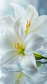 White lilies with water droplets and green stems reflecting in water
