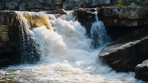 Turbulent multi-tier waterfall cascading over stratified rock ledge