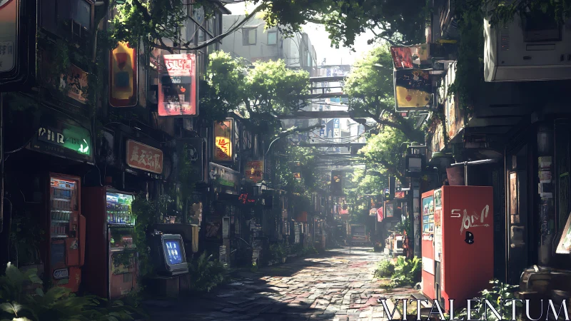 Overgrown neon alley with vending machines and sunlight.
