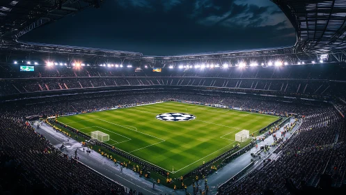 Floodlit football stadium packed for major night match.