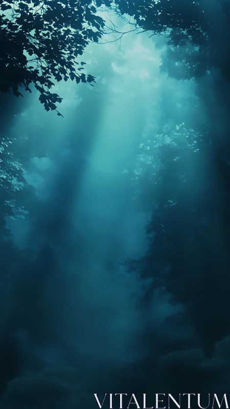Calm blue forest canopy with soft light beams descending.