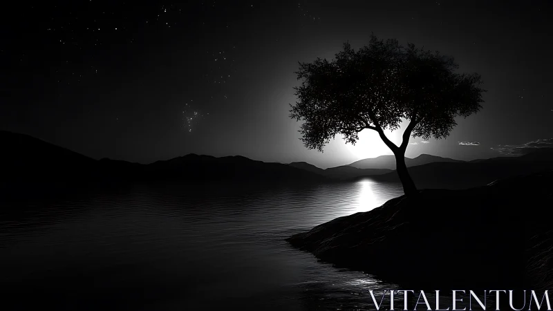 Solitary tree outlined by moonlit lake and distant hills.