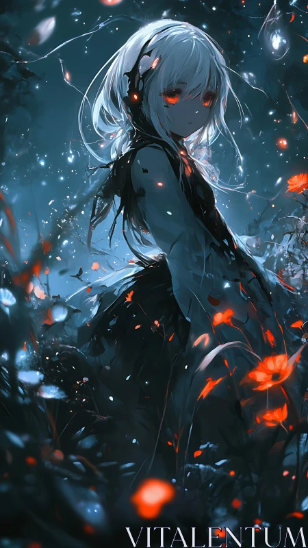 White haired anime girl stands in glowing blue and red forest
