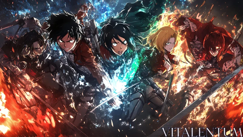 Dynamic anime squad charges through fire and elemental light.