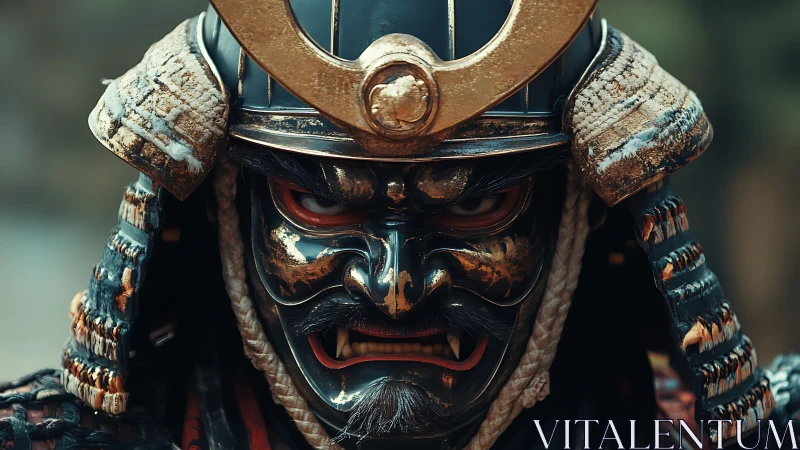 Macro close-up of lacquered samurai menpo mask and kabuto armor