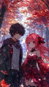Anime couple under crimson autumn forest canopy.