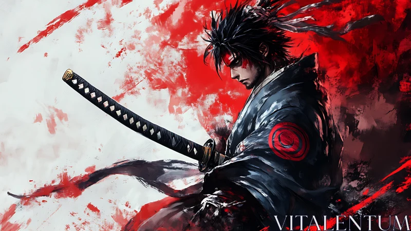 Brooding samurai grips katana amid violent red storm.