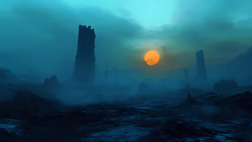 Ruined towers rise in a misty blue wasteland at eerie sunset