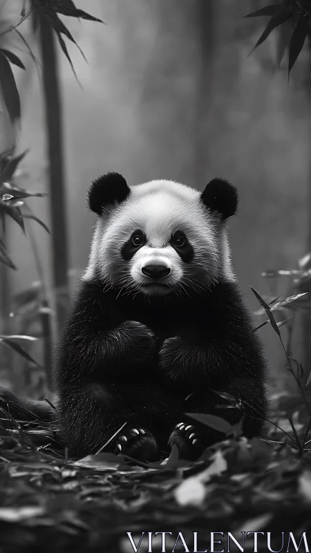 Monochrome juvenile panda portrait in misty bamboo grove.