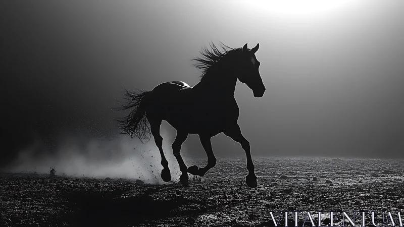 Silhouette of galloping horse on misty ground at sunrise.