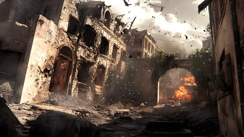 Digital war-torn alleyway with collapsing masonry and firestorm.