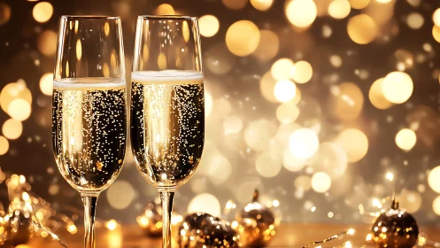 Golden champagne flutes sparkle against festive lights
