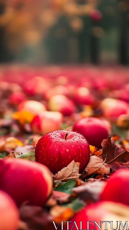 Red apple with autumn leaves on blurred orchard ground.