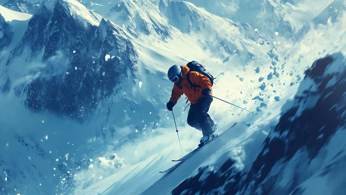 High-speed alpine skier carving steep slope amid dynamic powder