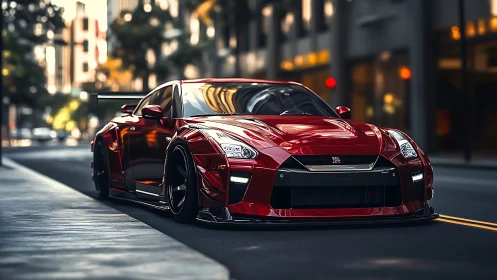 Red Nissan GT-R sports car parked on empty city street.
