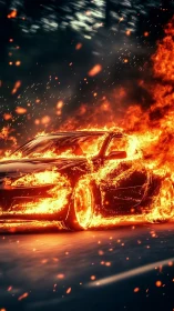 Inferno Unleashed: Sports Car Consumed in Apocalyptic Blaze.