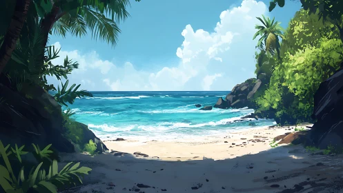 Tropical Cove with Turquoise Waters and Palm Vegetation.