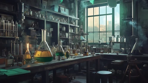 Vintage chemical laboratory interior with glassware and fumes