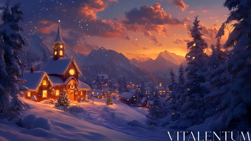 Snow-laden alpine village glows under warm volumetric sunset sky