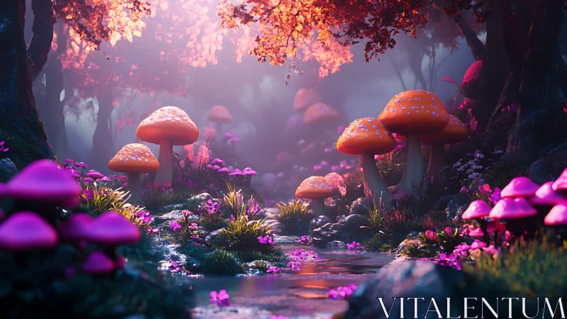 Mushroom forest stream under colorful glowing foliage.