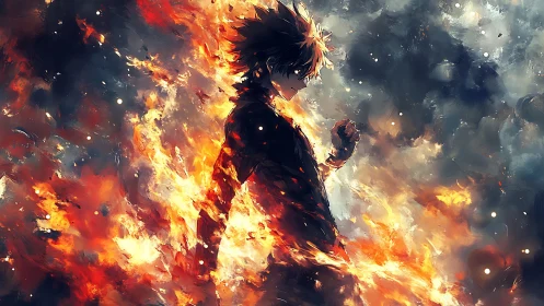 Fiery anime warrior strides through swirling embers and smoke