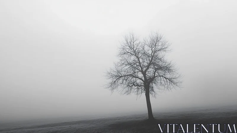 Lonely bare tree rises from fog on a silent winter field.